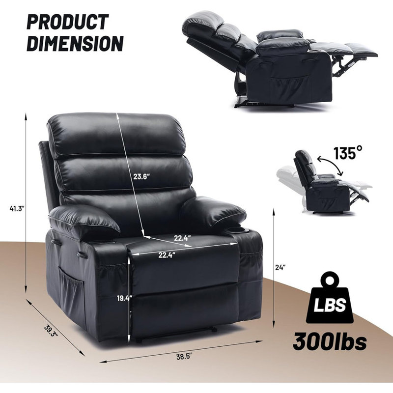 Fauteuil inclinable manuel en polyuréthane extra large avec massage et chaleur, grand fauteuil pour salon, Noir