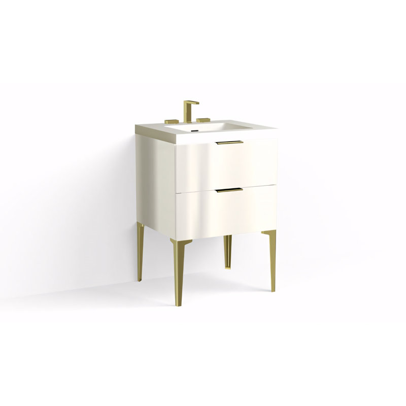 Avila 24" W Freestanding Single Bathroom Vanity with Dean Leg, Matte White/8" Widespread, White Acrylic, Satin Brass