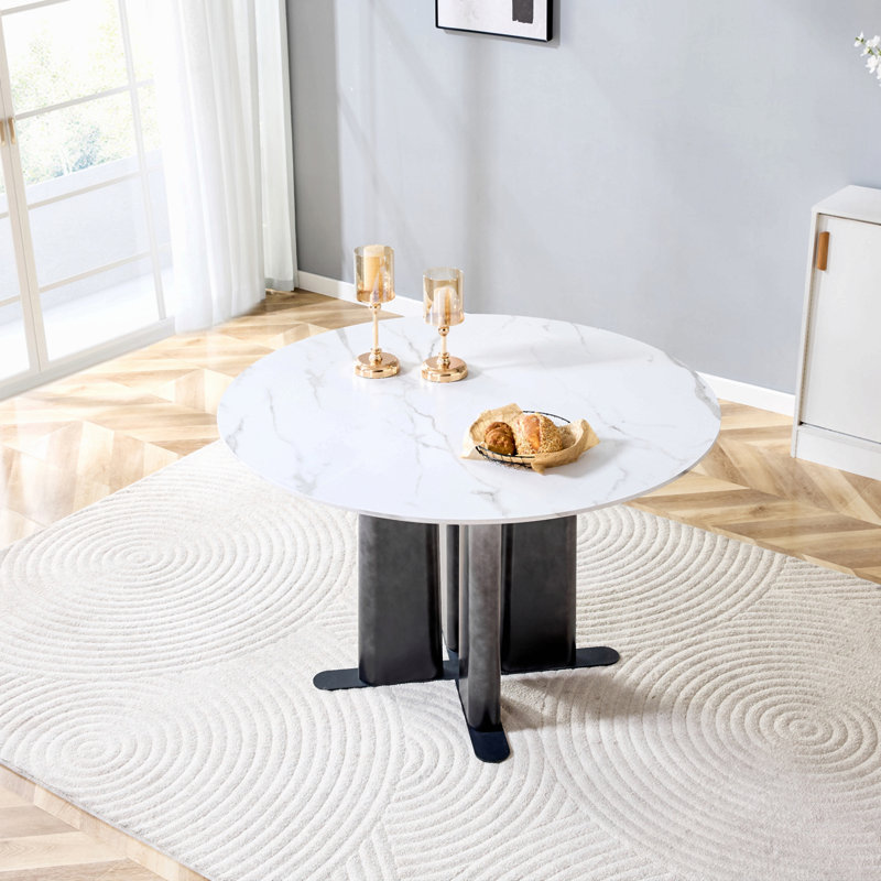 Table de salle à manger ronde en MDF à motif de marbre blanc (sans la chaise), Blanc