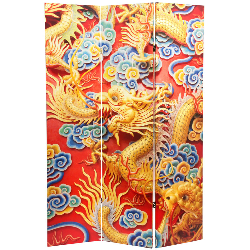 Cloison 3 panneaux dragon chinois traditionnel