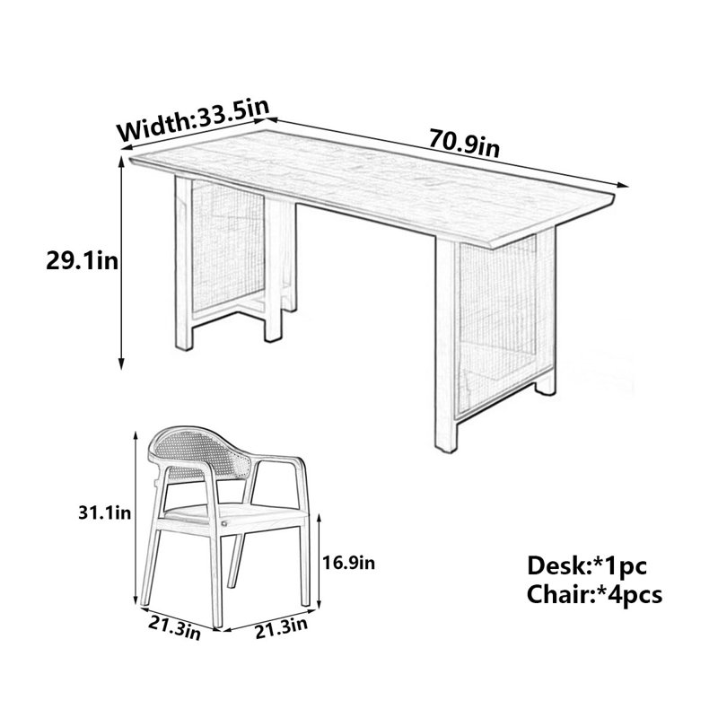 Table de salle à manger moderne en bois de frêne massif avec rotin, H 29,1 po x L 70,9 po x l 33,5 po