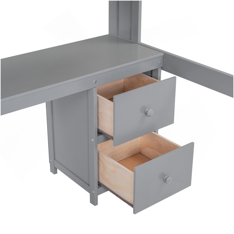 Lit mezzanine double avec bureau, armoires, tiroirs et plateau de chevet, station de charge, gris, Gris