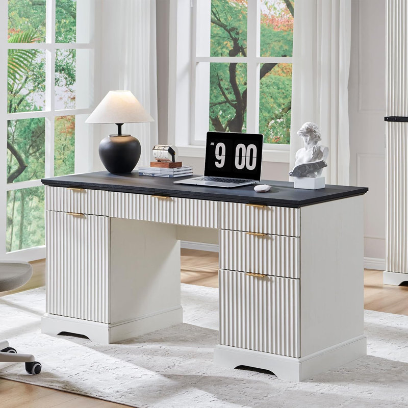 Bureau de direction moderne avec prise de courant, bureau à domicile en bois avec tiroir et armoire de rangement