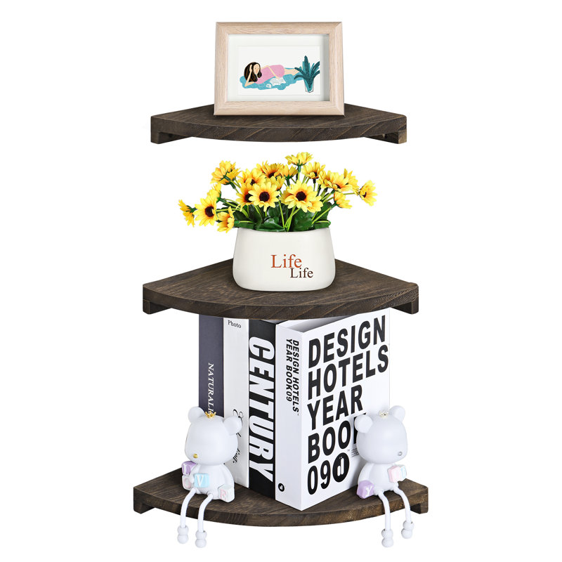 Tajir 3 Piece Corner Solid Wood Floating Shelf, Brown