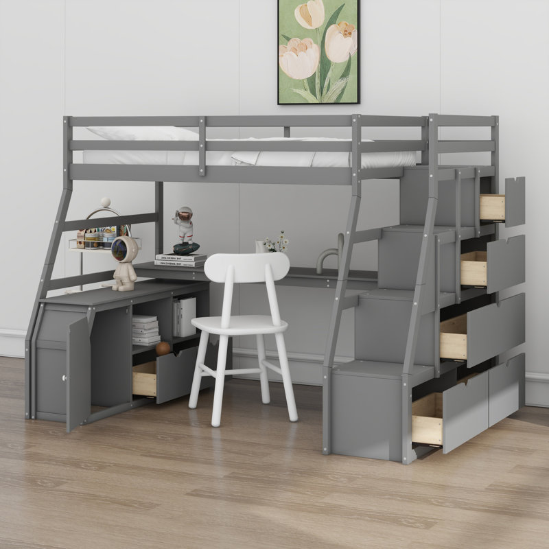 Lit mezzanine avec tiroirs, tablettes et bureau, Gris