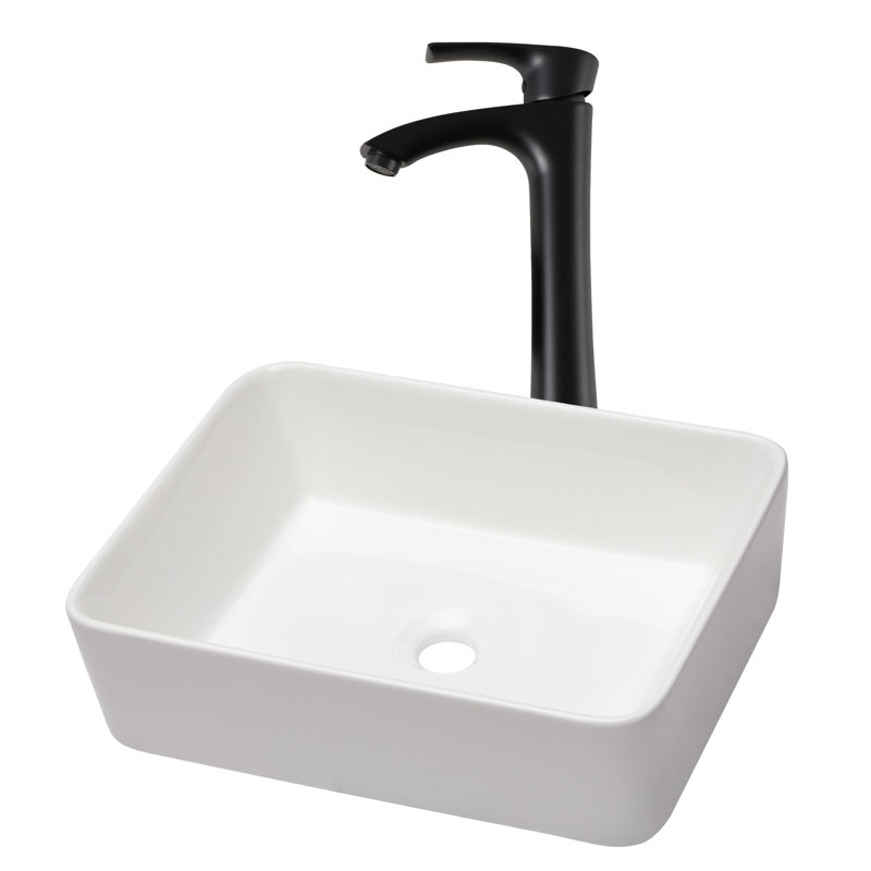 19" x 15" Bathroom Vessel Sink White Ceramic Rectangle Bathroom Sink White Vessel Sink with Faucet, Matte Black