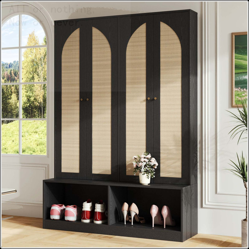 Rattan Hall Tree with 6 Hooks and Adjustable Shelves, Black