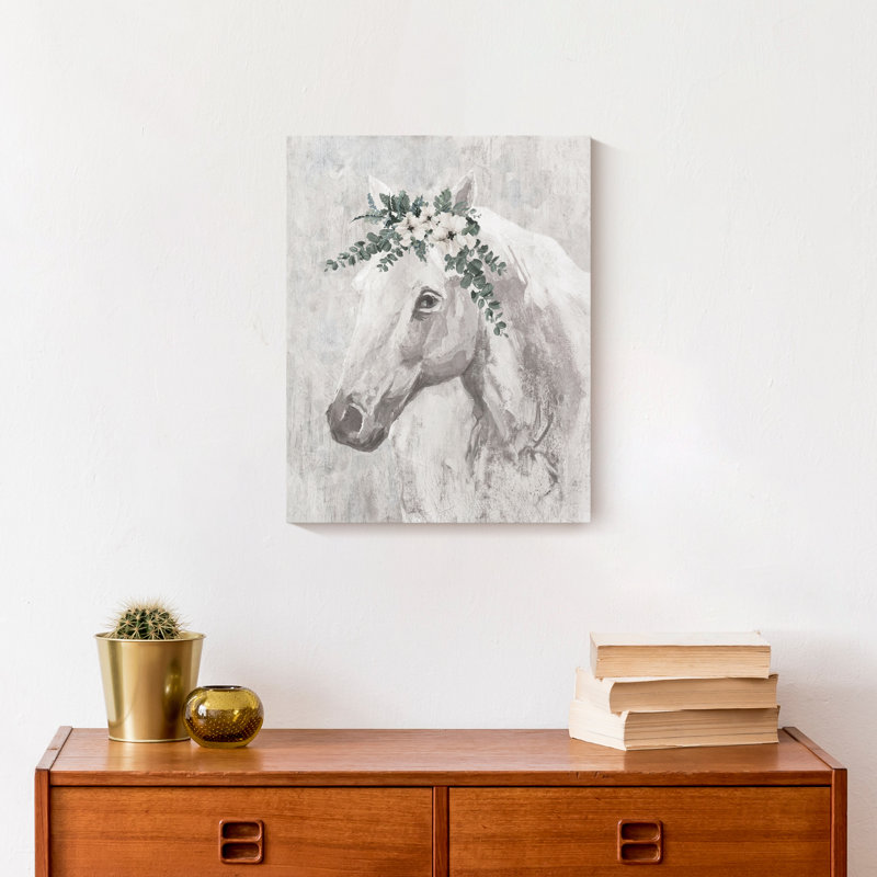 Cheval avec des verts, reproduction sur toile, H 14 po x l 11 po x P 1,25 po