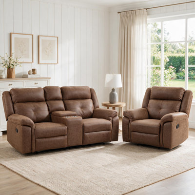 2-Piece Modern Oversized PU Leather Manual Reclining Loveseat Sofa Living Room Set With Storage And Cup Holders (Brown)