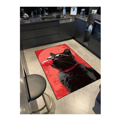Cat Black Gum Patterned Washable Carpet