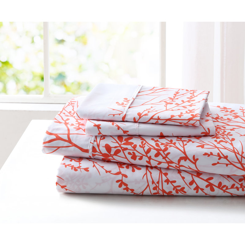 Microfiber Floral Sheet Set, King Sheet Set + 1 Fitted Sheet + 2 Pillowcases, White/Coral