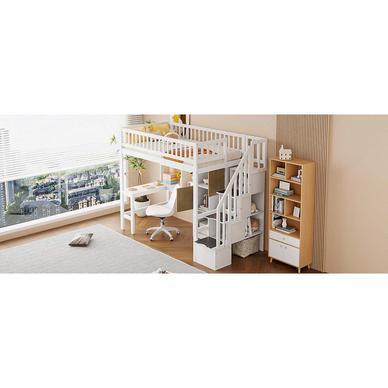 Lit mezzanine en bois avec bureau intégré, DEL, tablettes de rangement, armoires et escalier, White