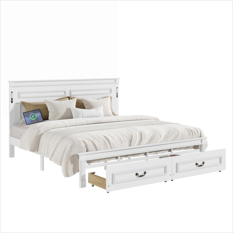 Grand lit à panneaux en pin massif avec tiroirs de rangement sous le lit, chargement par DEL et USB intégrés, style maison de campagne, blanc pur