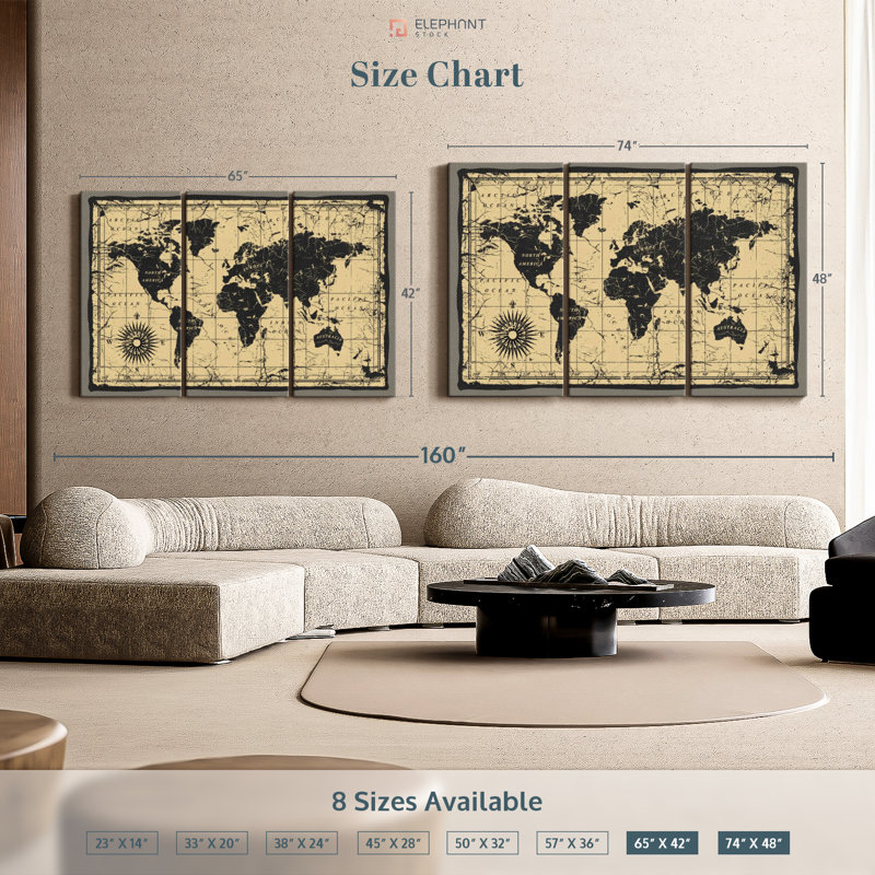«Vintage Travel World Map», reproduction sur toile, H 48 po x l 74 po x P 1,25 po