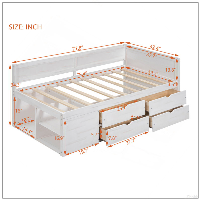 Lit de jour simple avec tiroirs et tablettes, blanc, Twin, White
