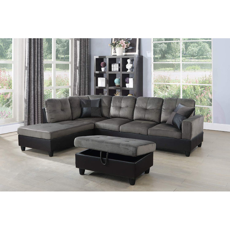 3 - Piece 103.5" Upholstered Fabric& Leather Sectional with Storage Ottoman, Left Hand Facing, 35" x 103.5" x 74.5"