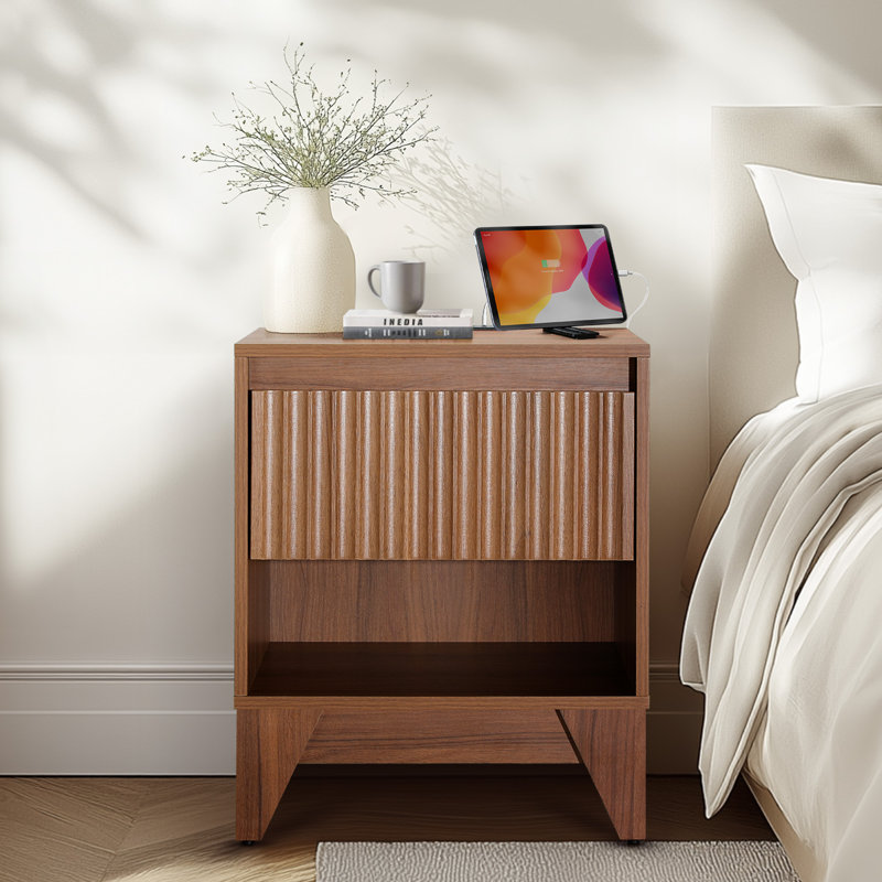 Dejesus 19" W 1-Drawer Nightstand With Charging Station,  Light Walnut