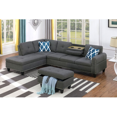 Cup - Holder Console - Featured Corner Sofa In Charcoal - Dark Grey