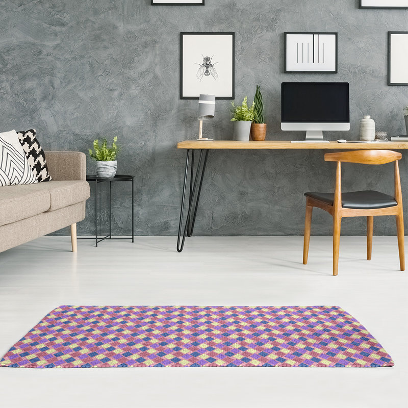 Tapis rouge/bleu/mauve à carreaux rétro, Rectangle 2 pi x 3 pi