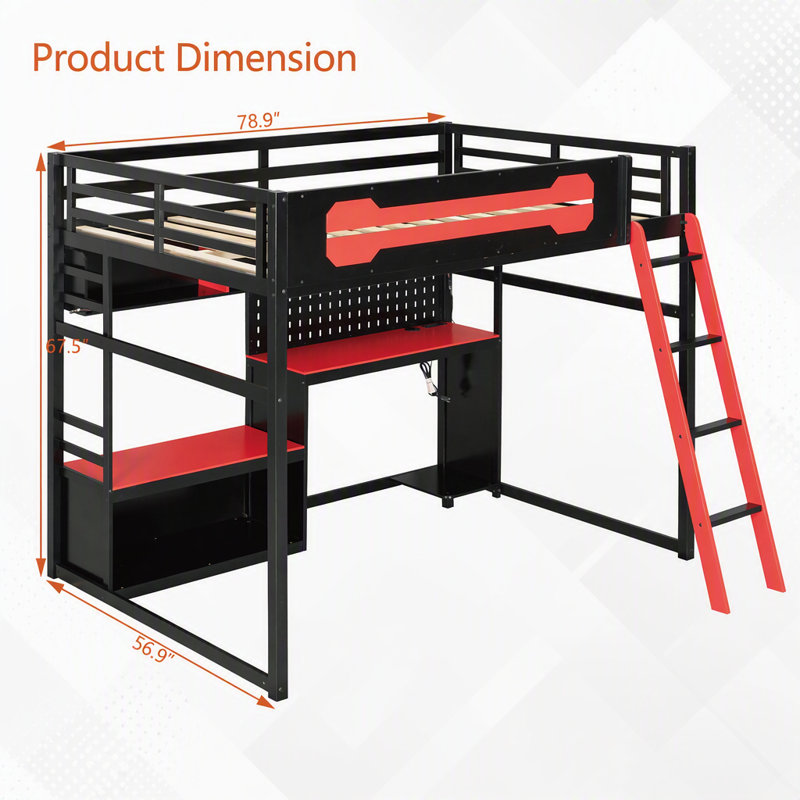 Lit mezzanine double en bois avec bureau, tablettes, lumières DEL, ports USB et panneau perforé, noir et rouge