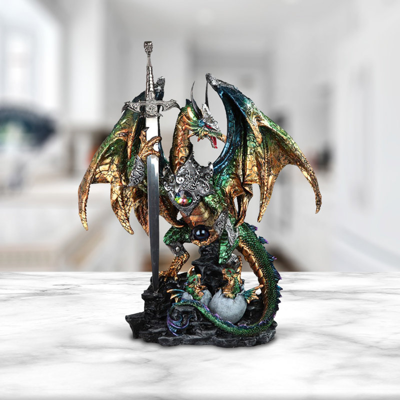 15.5"H Green Dragon with Sword Figurine