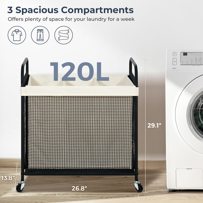 Laundry Hamper 3 Section, 120L Rolling Laundry Sorter Cart With Removable And Washable Liner Bag, Rolling Clothes Hamper With Metal Handle