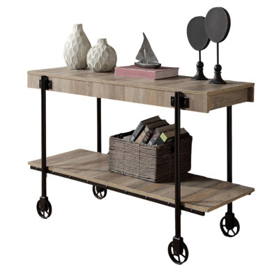 Industrial Style 1pc Sofa Table with Natural Tone Slat Design and Open Bottom for Modern Living Spaces