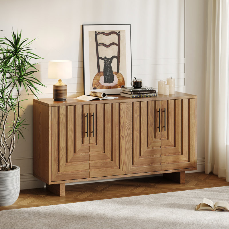 Modern Sideboard, 59''×15.75''×32.5'' Storage Cabinet With 4 Doors, MDF And Ash Veneer With Metal Handles, Natural Finish, Suitable For Dining/Living Room Storage