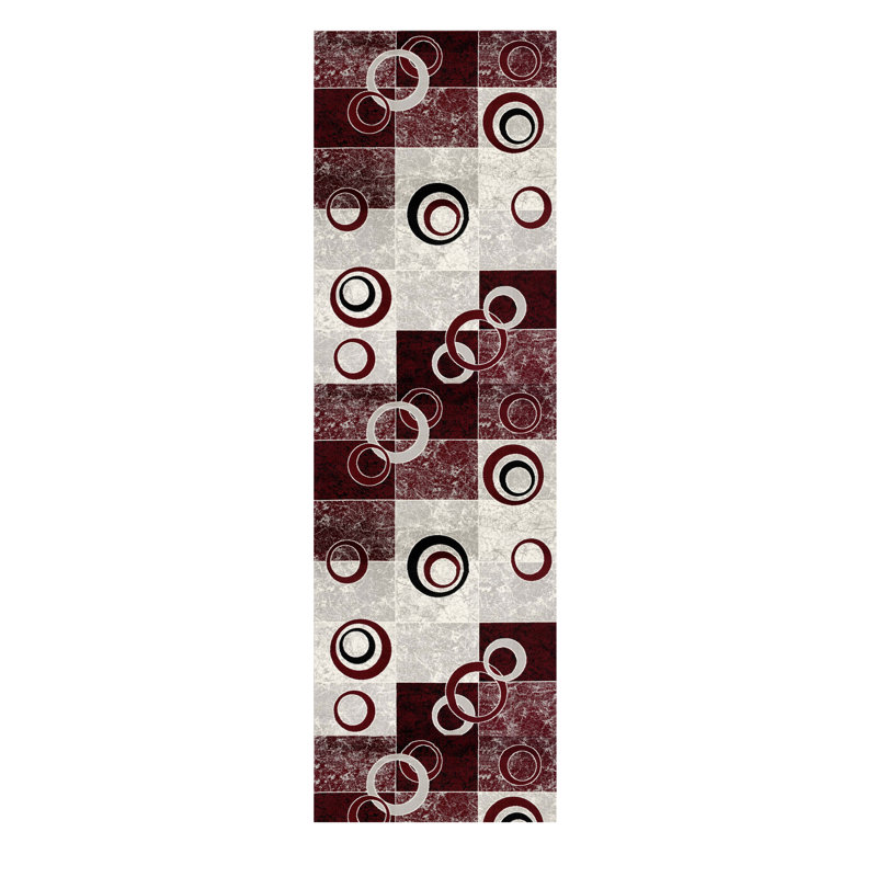 6' Red And Gray Geometric Runner Rug