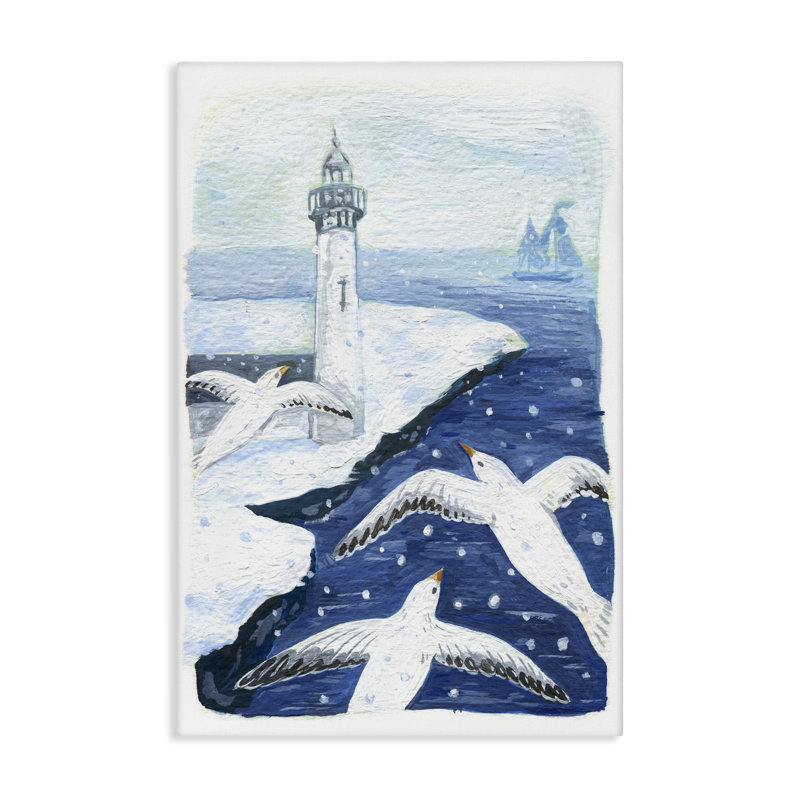 Toile «Snowy Winter Harbor Birds», conception par Hannah Moren, H 24 po x l 16 po