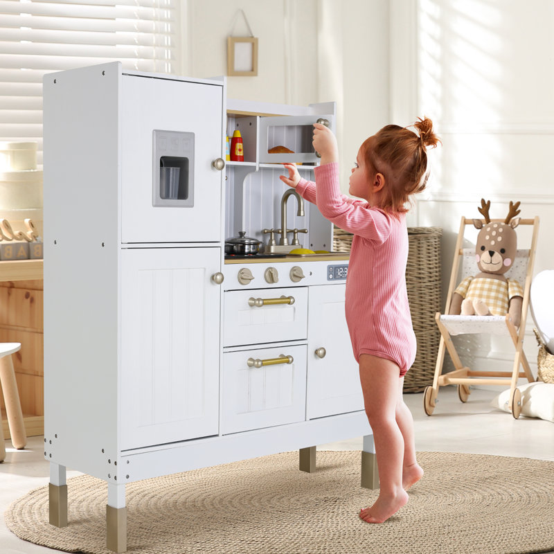 Height Adjustable Kids Play Kitchen, 3-Level Wooden Pretend Playset with Realistic Sounds, Telephone, Stove, Fridge, Microwave, Removable Sink, Water Dispenser, Grows with Your Child Ages 3+(white)