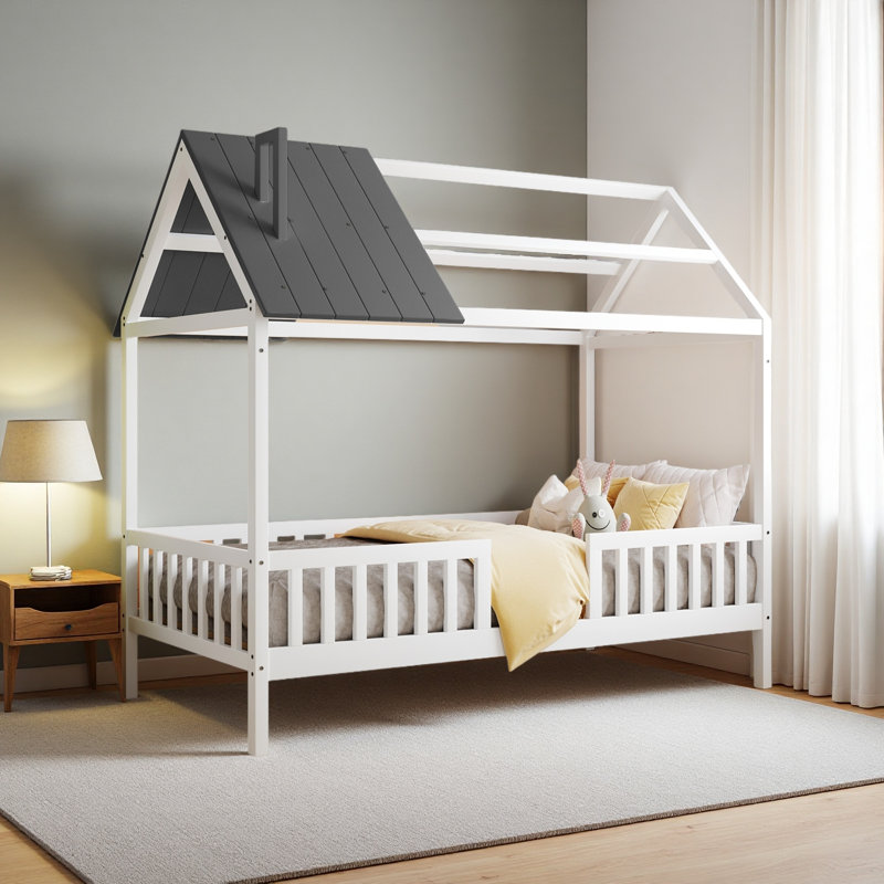 Twin Size Wood House Bed With Fence, Gray; White