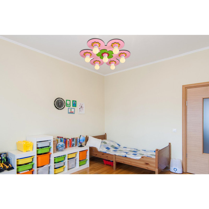 Modern Pink Chandelier, Flower Design, 19.7 Inches Diameter x 2.4 Inches Height | Wooden Body, 7 x E27 24W Sockets | Energy Saving, Ideal for Baby & Kids' Rooms, Seasonal Decor, Elegant & Fun Lighting