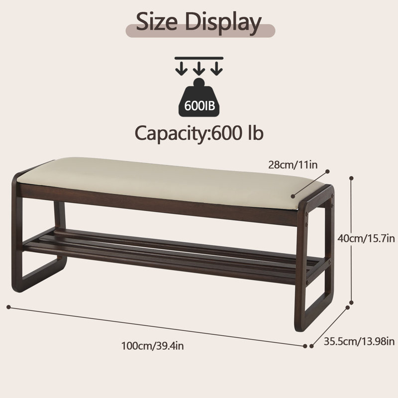  Solid Wood Shoe Bench with Cushion, 2-Tier Entryway Storage Bench, Beige/Teddy Fleece, 15.7" H x 39.4" W x 14" D