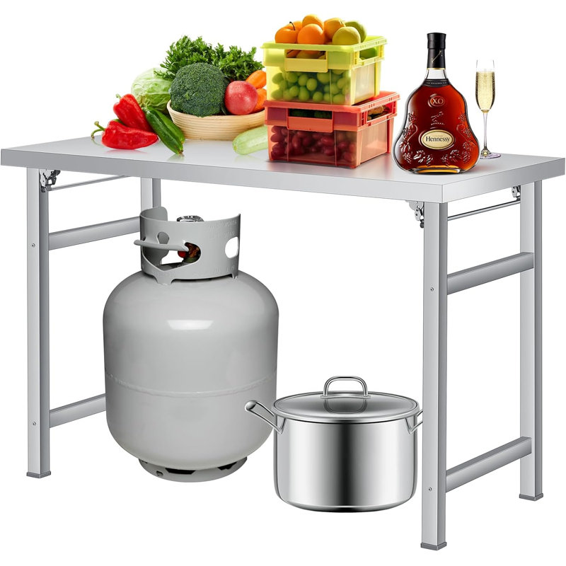 Table pliante en acier inoxydable (152 x 61 cm) - Table de travail professionnelle pour la maison, la cuisine, le restaurant, le garage, le camping, les activités de plein air - Charge maximale : 113 kg - Poste de travail pliable en acier inoxydable - Un seul niveau sans tablette inférieure