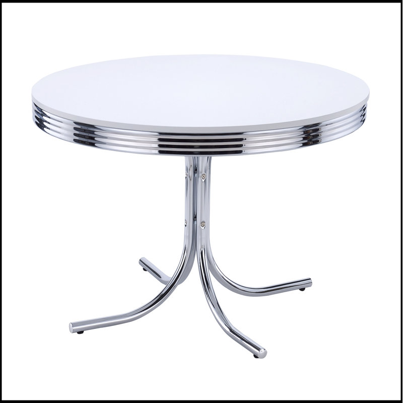 Ensemble de salle à manger 5 pièces Marla blanc et chrome avec rebord Ellipse en métal, base évasée et sièges confortables pour un repas élégant et fonctionnel