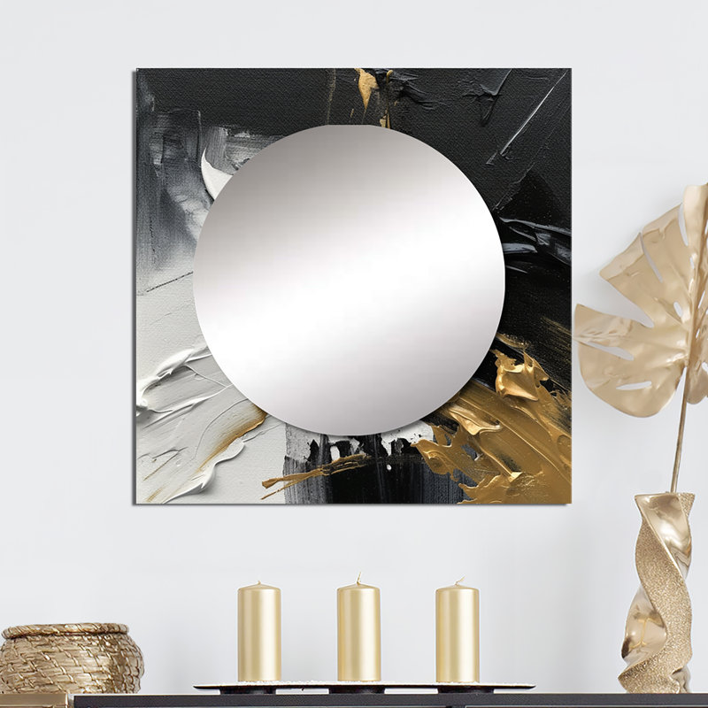 Exquis Darling Gold, vague abstraite sur fond noir I - miroir carré abstrait pour décoration murale, 23 po x 23 po