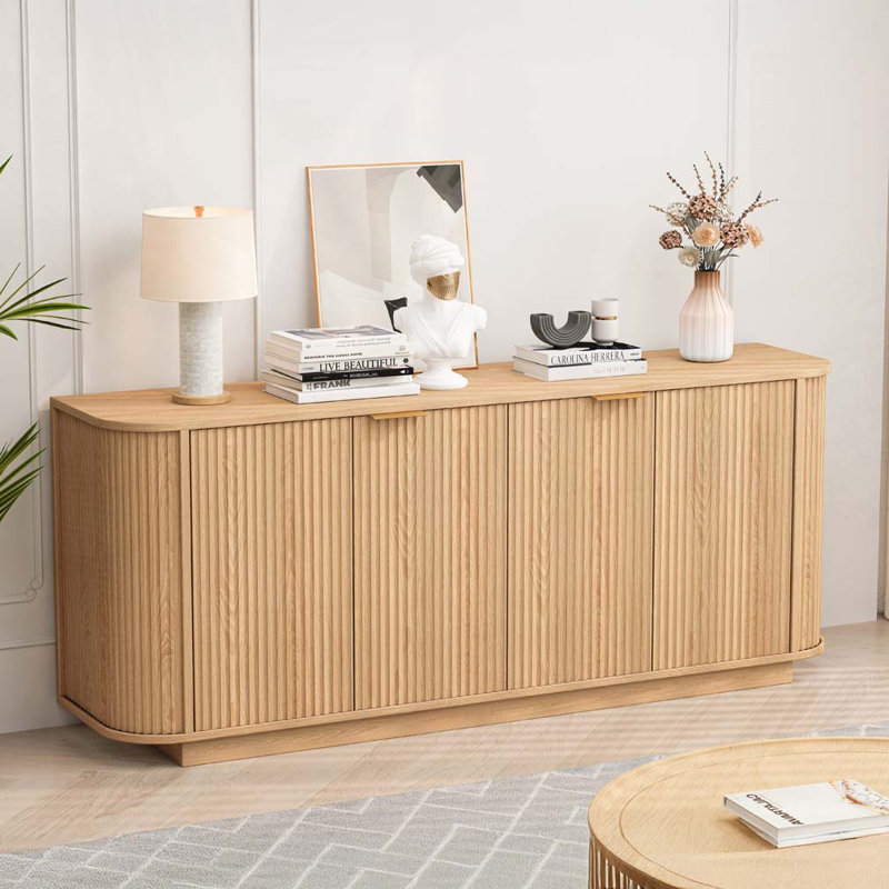 Sideboard Storage Cabinet TV Stand with wave pattern Buffet Cabinet Wooden, Natural/Gold