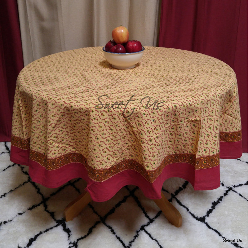 Cotton Floral Vine Round Tablecloth Gold Red Table Linen, Gold/Red, 60" x 60"