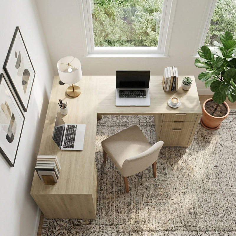 Bureau de direction en L 59 po avec tiroirs de rangement - Poste de travail d'angle transitionnel moderne pour bureau à domicile