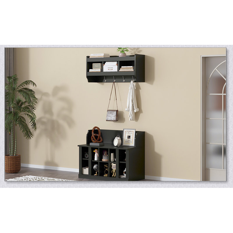 Elegant Shoe Storage Bench with Shelves and 4 Hooks, Perfect for Organized Entryways and Hallways, Black