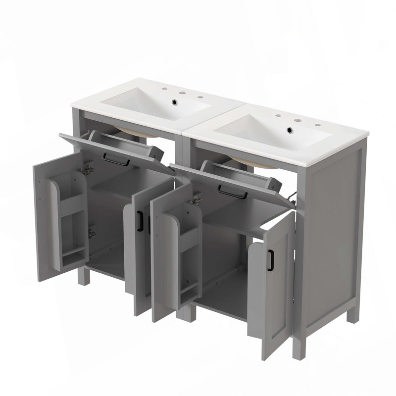 Meuble-lavabo moderne de 122 cm avec lavabo en céramique, portes à fermeture amortie, tiroir rabattable, étagères à double porte, solution de rangement élégante
