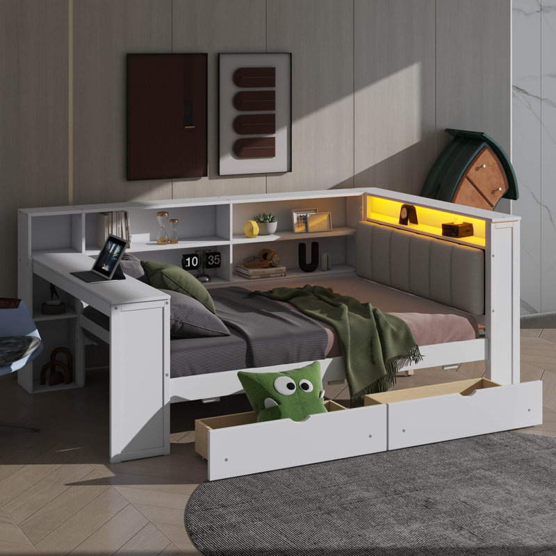 Lit plateforme en bois pleine grandeur avec compartiments, tiroirs, station de charge, DEL et bureau, Blanc / beige