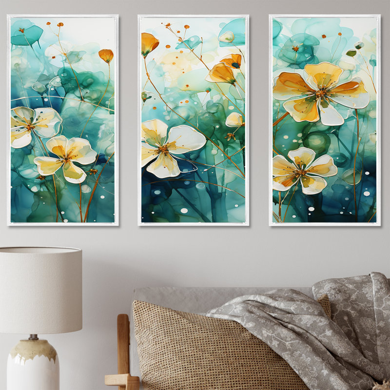Beige transparent botanique, élégance florale - ensemble de plantes sur toile, Cadre flottant blanc