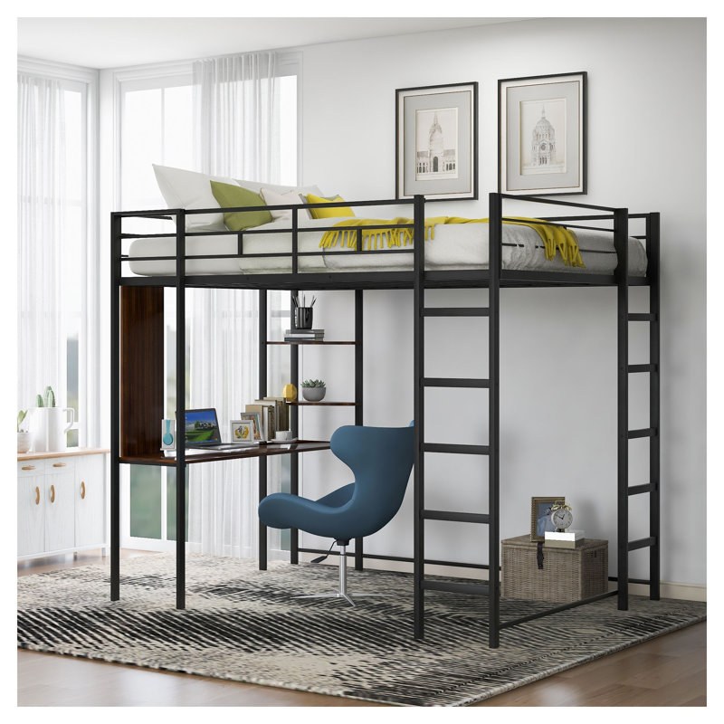 Lit mezzanine double en métal avec bureau et tablettes intégrés