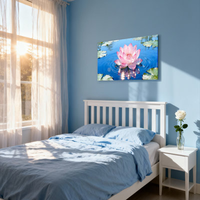 Fleur de nénuphar rose avec reflet et nénuphars sur toile bleue, reproduction d'art sur toile tendue, ensemble de 1