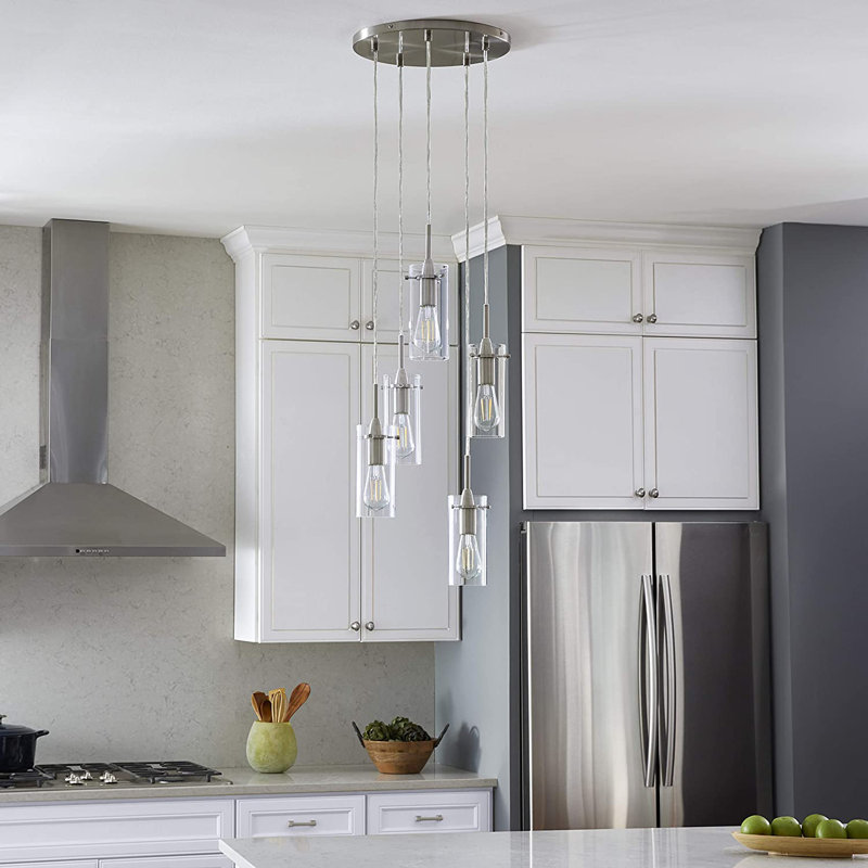 Luminaire suspendu cylindrique à 5 lumières Angelina, Nickel brossé, Transparent
