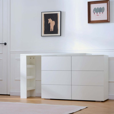 Commode de salle de bain 6 tiroirs avec bureau en L, bureau large et espace de rangement profond
