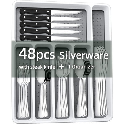 49-Piece Stainless Steel Silverware Set for 8 with Organizer Tray and Steak Knives Mirror Polished