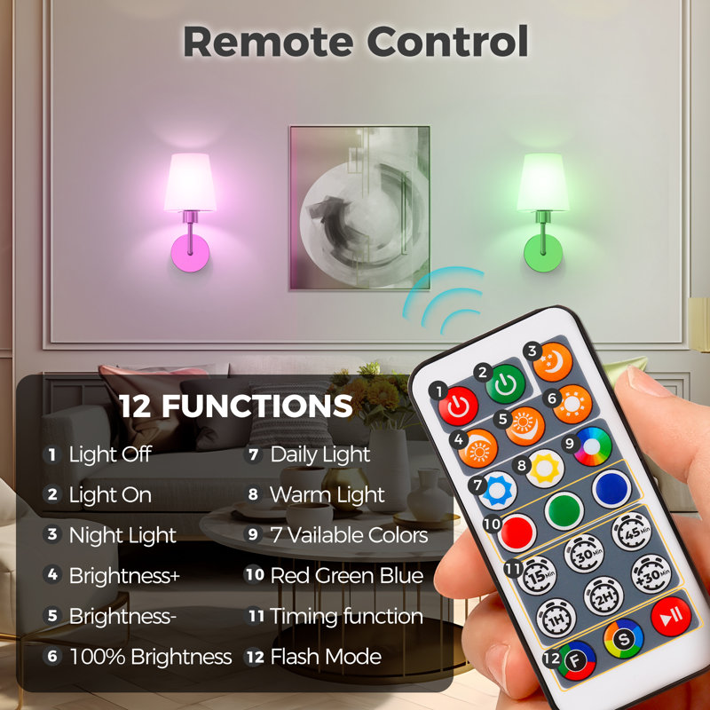 Rechargeable RGB Remote Control Armed Sconce Tradictional Wall Lamp Light with Fabric Shade, Gold